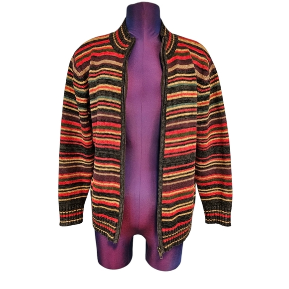 Tiara International Earth Tone Striped Full Zip Sweater Cardigan Size Small K64 - Picture 7 of 8